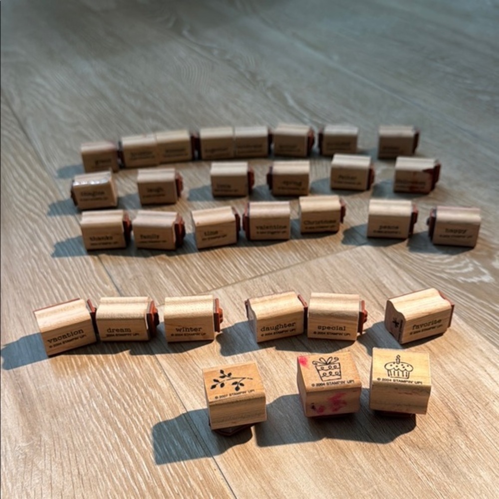 Lot of Stampin Up Mini Wooden Sentiment + Icon Stamp Set - Neutral Wood
